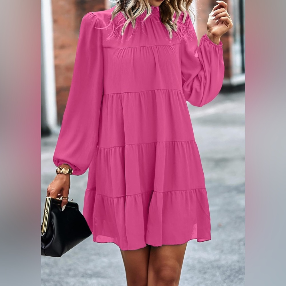 KIRUNDO Long Sleeve Ruffle Mock Neck Tiered Mini Babydoll